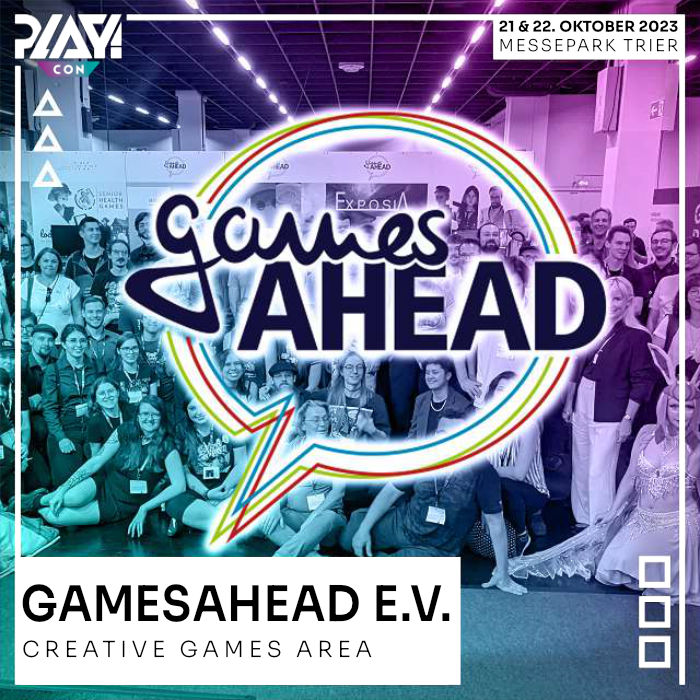 Das Logo von Gamesahead mit dem Team im Hintergrund.