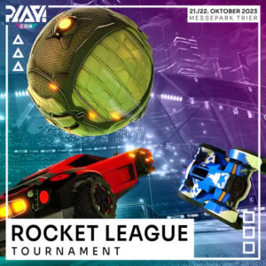 Zwei Autos fliegen auf einen Ball zu im Spiel Rocket League.